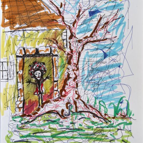 N° 385 - Femme devant sa maison - 1999 (21x29,7 cm)