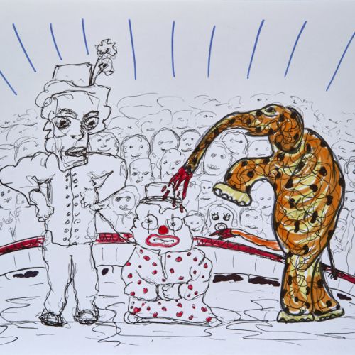 N° 456 - Deux clowns avec un éléphant - 1999 (21x29,7 cm)