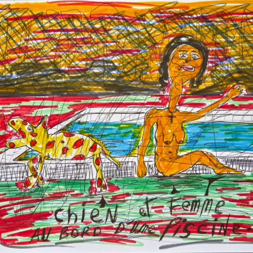 N° 471 - Chien et femme au bord d’une piscine - 1999 (21x28,7 cm)