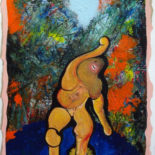 N° 323 - Figure en mouvement (1999) Acryl et collage sur papier (50x65 cm), d'après la toile de Francis Bacon.